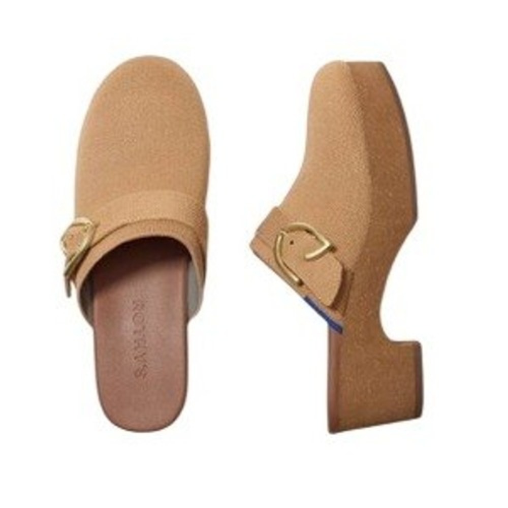 Rothys The Classic Buckle Clog Camel Tan Knit Gold Buckle Platform Mules 7.5